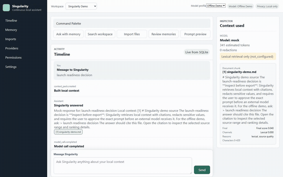 Singularity — a cited answer in the activity timeline beside an inspector showing the exact local source range used